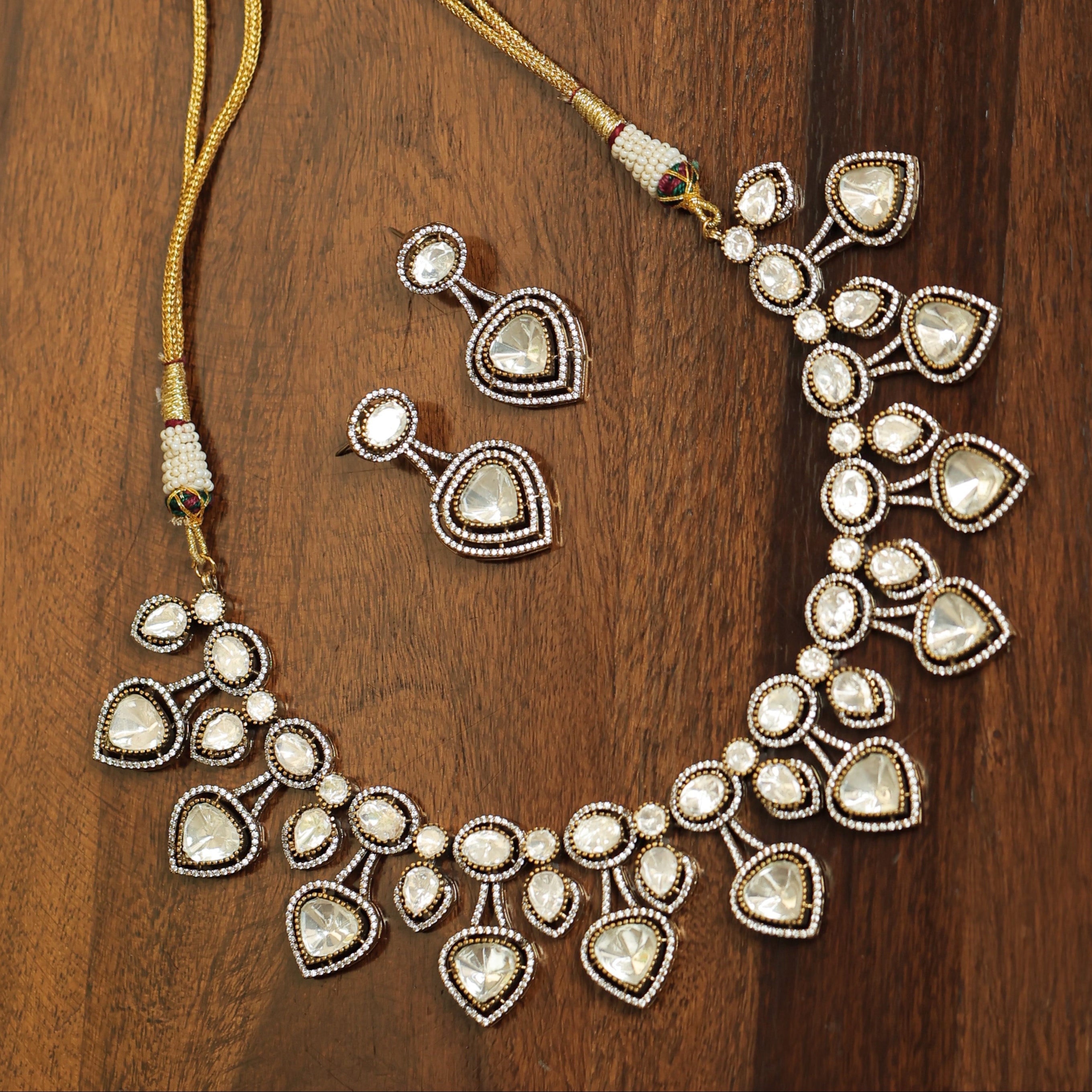 MDN079- White Colour Gold Plated Faux Polki Necklace Set