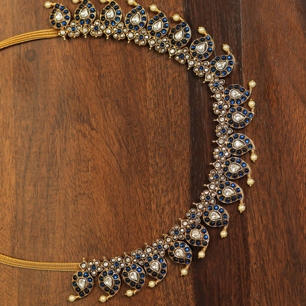 MDN196- Blue Colour Gold Plated Jadau Kundan Temple Necklace Set