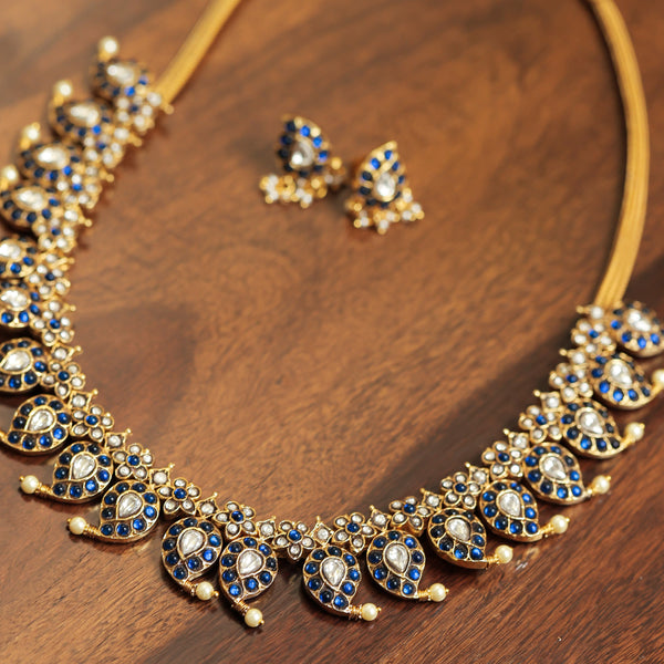 MDN196- Blue Colour Gold Plated Jadau Kundan Temple Necklace Set