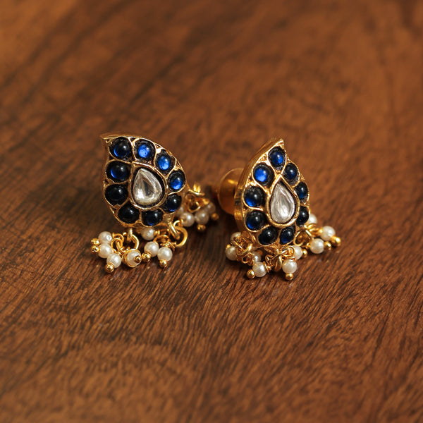 MDN196- Blue Colour Gold Plated Jadau Kundan Temple Necklace Set