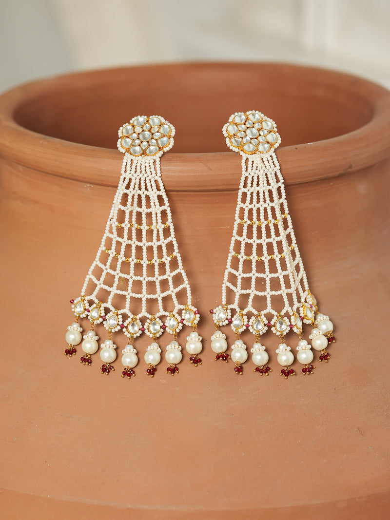 White Colour Gold Plated Jadau Kundan Dangler Earrings