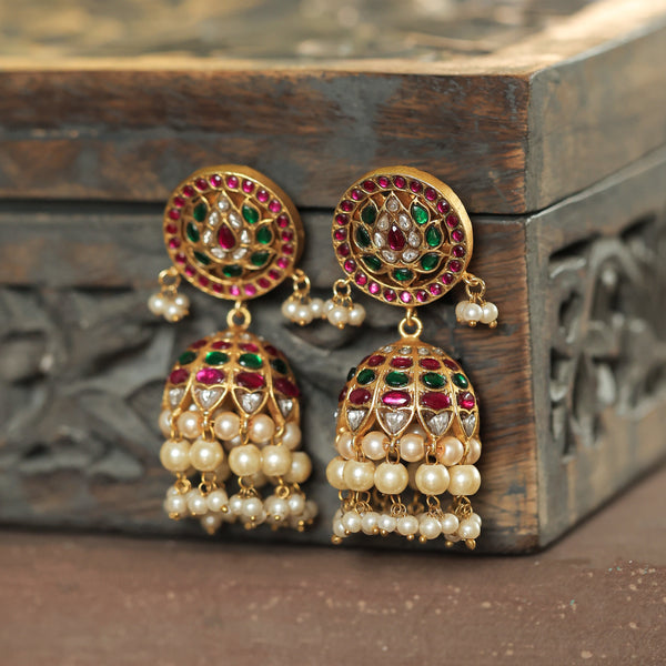 MDE213- Multi Colour Gold Plated Jadau Kundan Temple Jhumki
