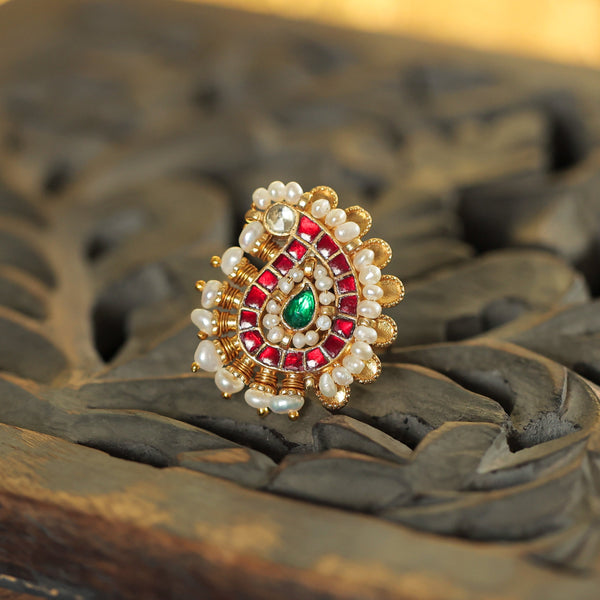 MDR375- Red and Green Colour Gold Plated Jadau Kundan Ring