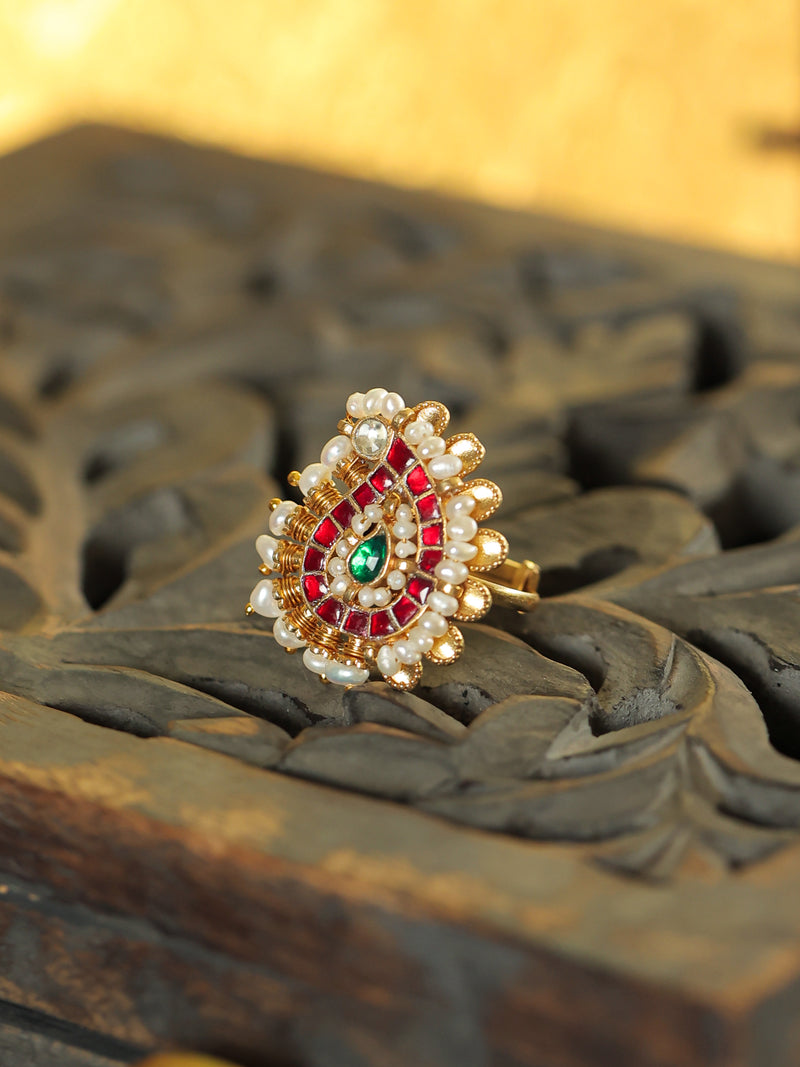 Red and Green Colour Gold Plated Jadau Kundan Ring