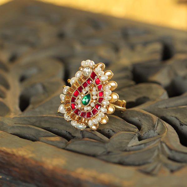 MDR375- Red and Green Colour Gold Plated Jadau Kundan Ring