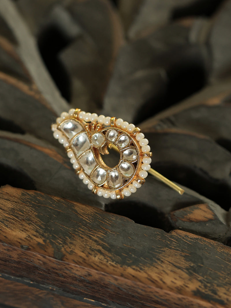 White Colour Gold Plated Jadau Kundan Peacock Motif Juda Pin