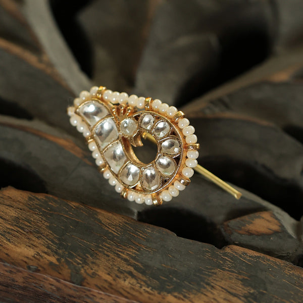 MDBR270- White Colour Gold Plated Jadau Kundan Peacock Motif Juda Pin