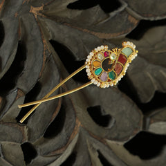 MDBR270- Multi Colour Gold Plated Jadau Kundan Peacock Motif Juda Pin