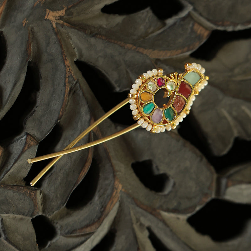 MDBR270- Multi Colour Gold Plated Jadau Kundan Peacock Motif Juda Pin