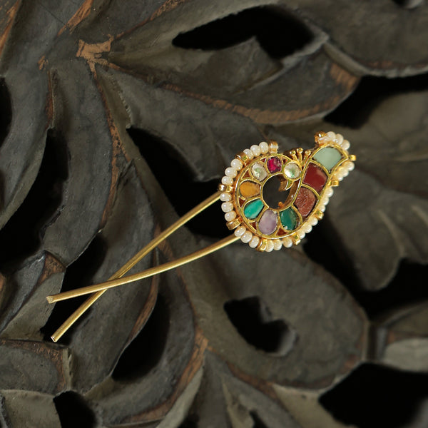 MDBR270- Multi Colour Gold Plated Jadau Kundan Peacock Motif Juda Pin