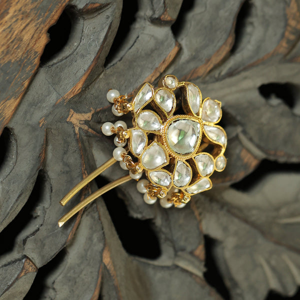 MDBR260- White Colour Gold Plated Jadau Kundan Juda Pin