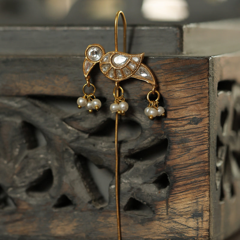 MDE322- White Colour Gold Plated Jadau Kundan Temple Bird Motif Earrings