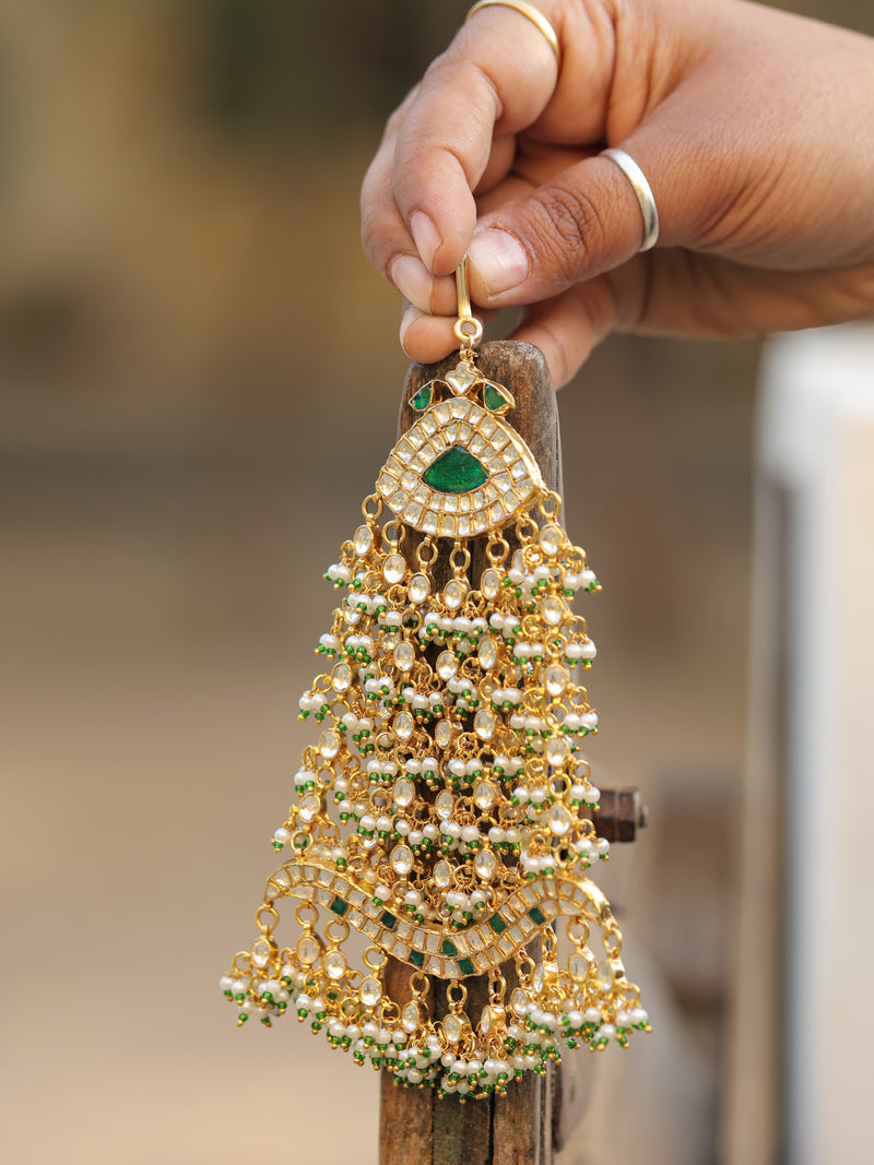 White and Green Colour Gold Plated Jadau Kundan Passa