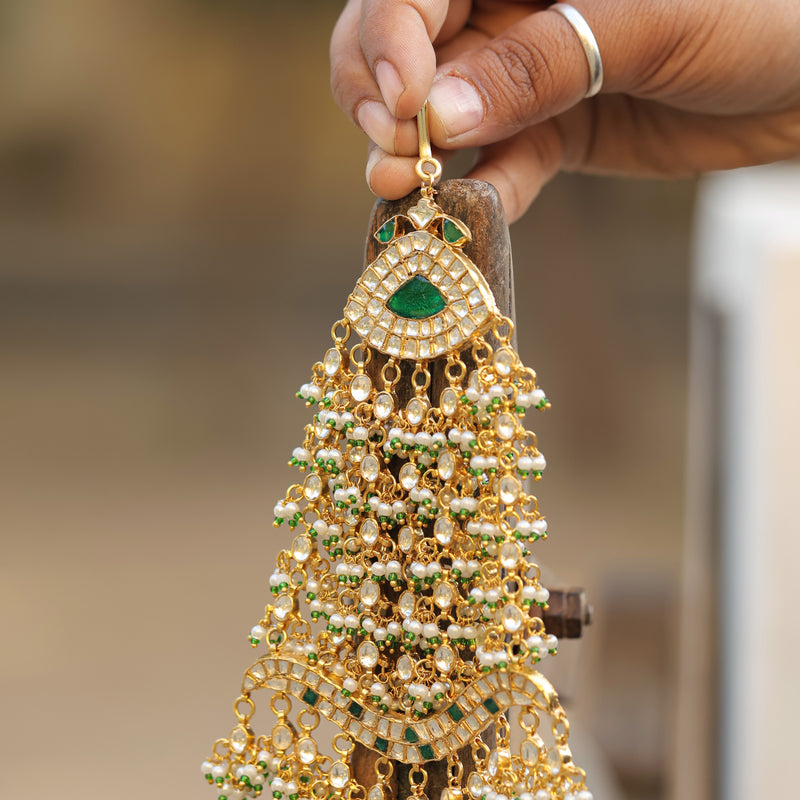 MDH348- White and Green Colour Gold Plated Jadau Kundan Passa