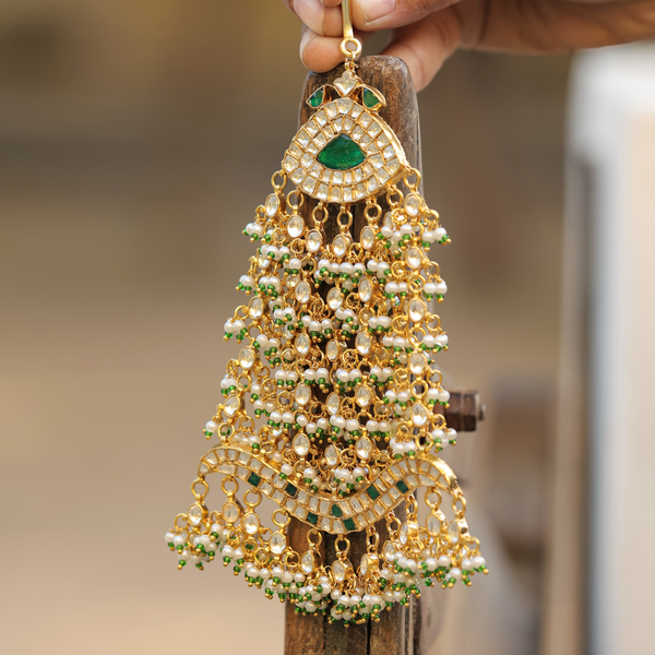 MDH348- White and Green Colour Gold Plated Jadau Kundan Passa