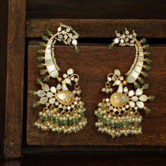 MDE332- White and Green Colour Gold Plated Mother of Pearl Earcuffs