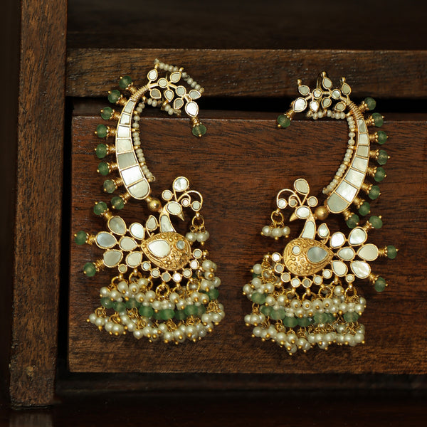 MDE332- White and Green Colour Gold Plated Mother of Pearl Earcuffs