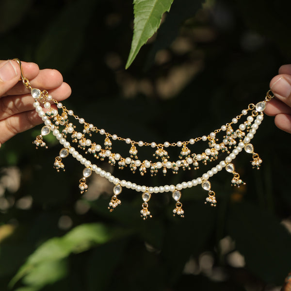 MDE379- White and Green Colour Gold Plated Jadau Kundan Kanchain