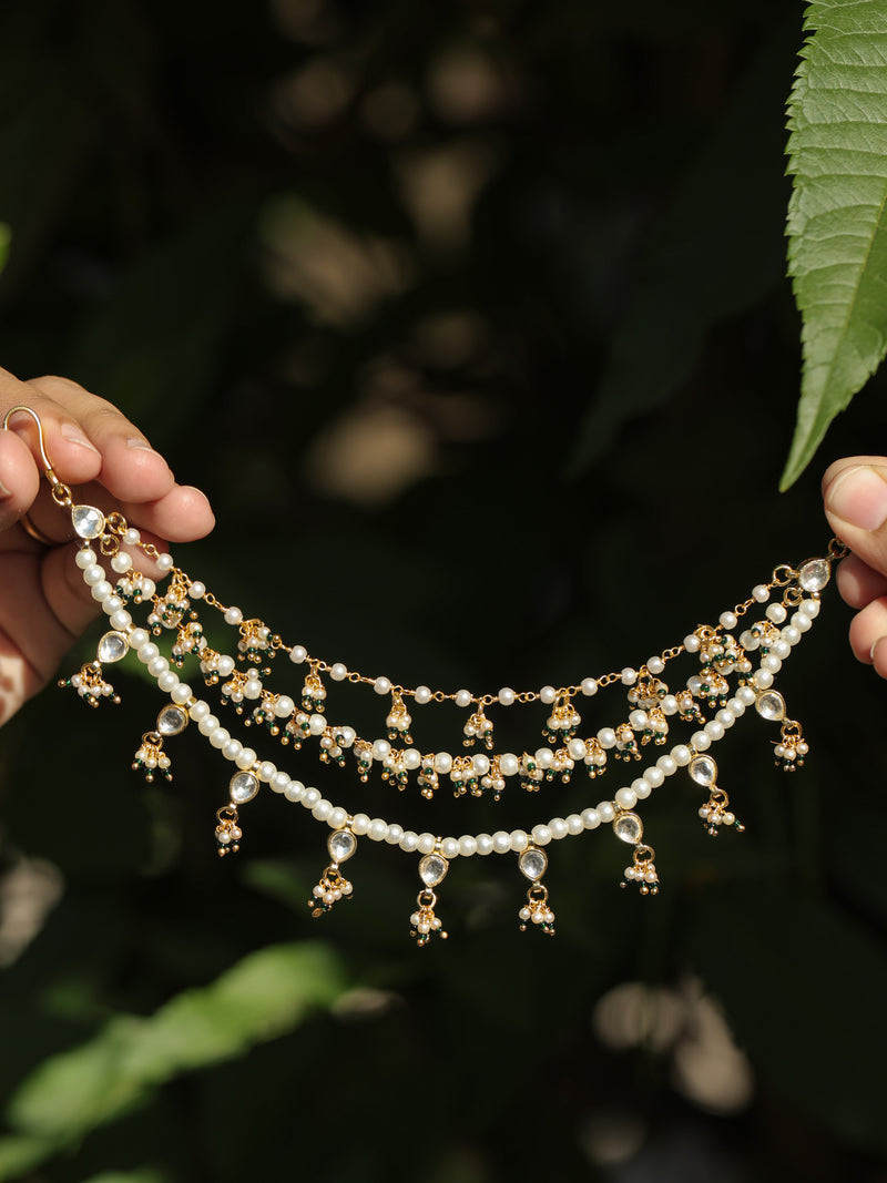White and Green Colour Gold Plated Jadau Kundan Kanchain