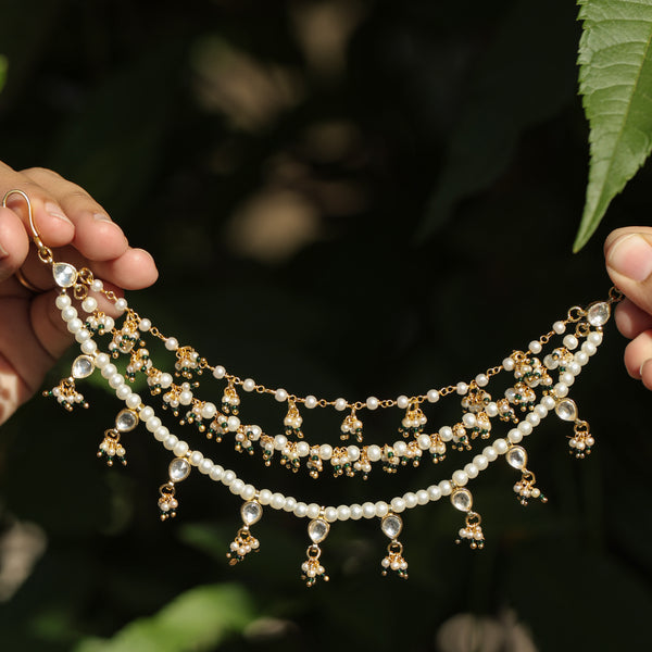 MDE379- White and Green Colour Gold Plated Jadau Kundan Kanchain