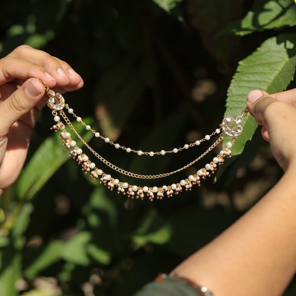 MDE382- White and Red Colour Gold Plated Jadau Kundan Kanchain