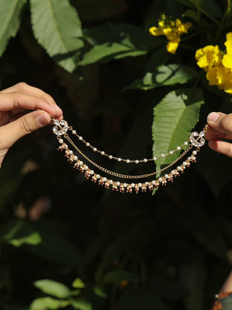 White and Red Colour Gold Plated Jadau Kundan Kanchain