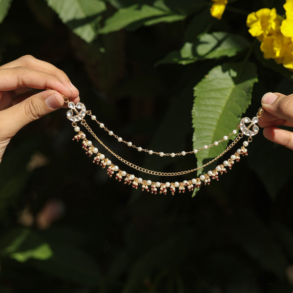 MDE382- White and Red Colour Gold Plated Jadau Kundan Kanchain