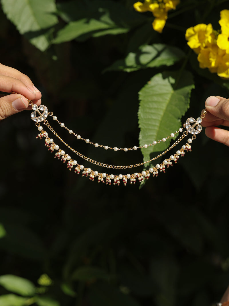 White and Red Colour Gold Plated Jadau Kundan Kanchain