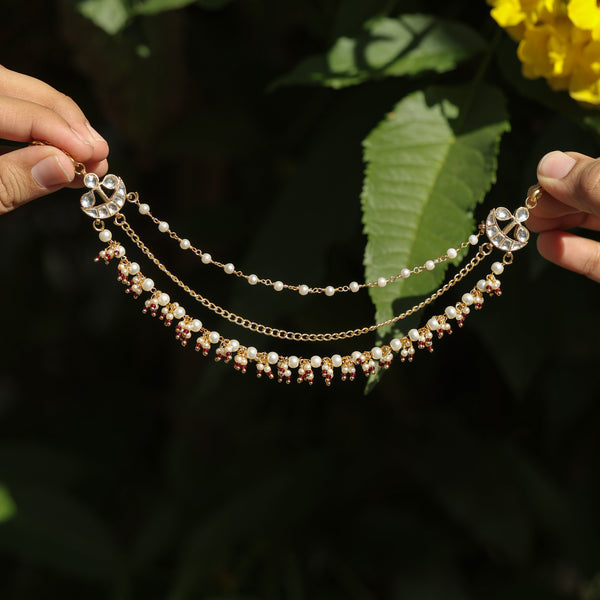 MDE382- White and Red Colour Gold Plated Jadau Kundan Kanchain