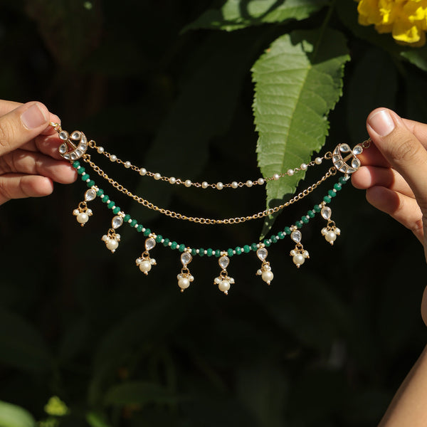 MDE383- White and Green Colour Gold Plated Jadau Kundan Kanchain