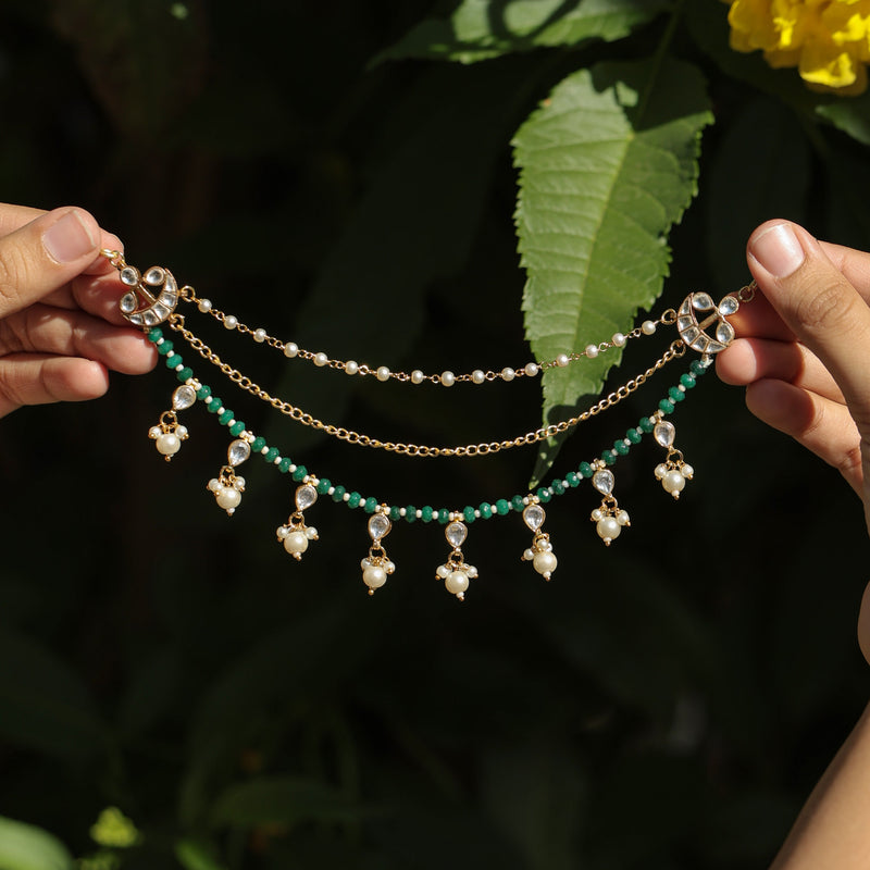 MDE383- White and Green Colour Gold Plated Jadau Kundan Kanchain