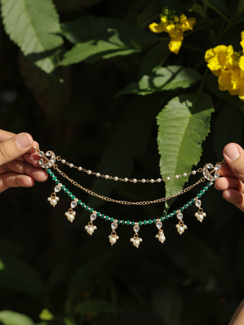 White and Green Colour Gold Plated Jadau Kundan Kanchain