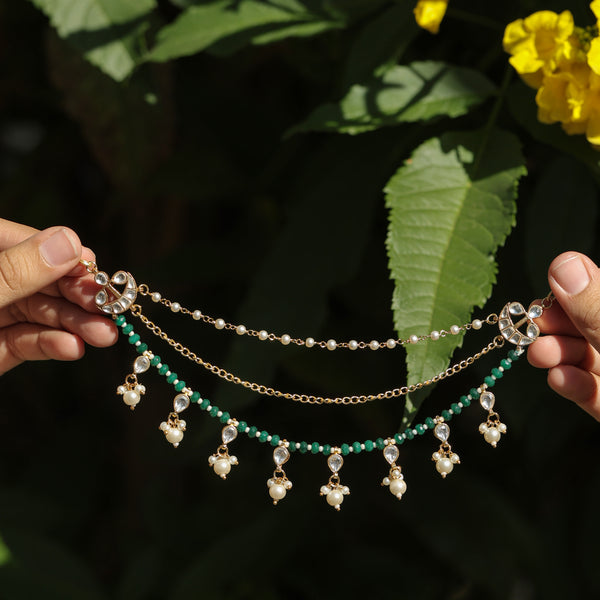 MDE383- White and Green Colour Gold Plated Jadau Kundan Kanchain