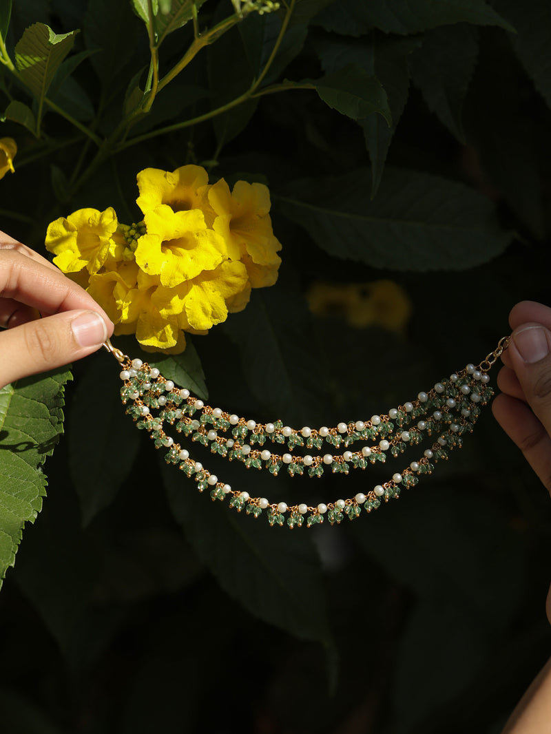White and Green Colour Gold Plated Jadau Kundan Kanchain
