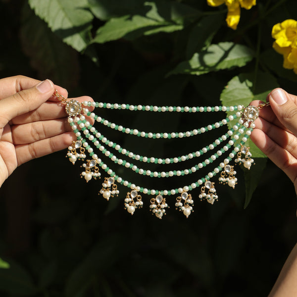 MDE386- Green and White Colour Gold Plated Jadau Kundan Kanchain