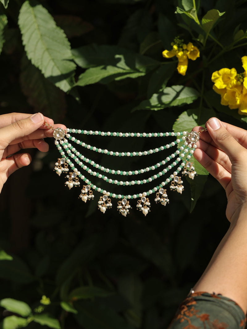 Green and White Colour Gold Plated Jadau Kundan Kanchain