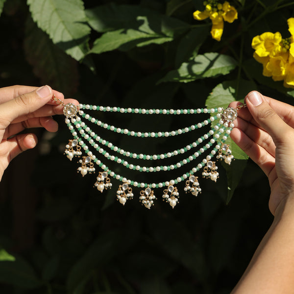 MDE386- Green and White Colour Gold Plated Jadau Kundan Kanchain