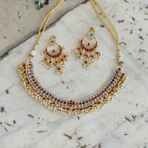 MDN334- Feroza and Red Colour Gold Plated Jadau Kundan Necklace Set