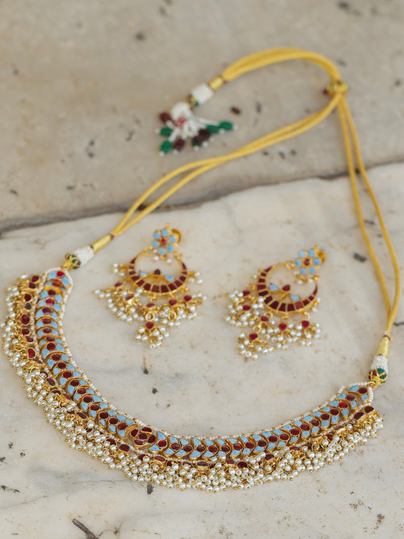 Feroza and Red Colour Gold Plated Jadau Kundan Necklace Set