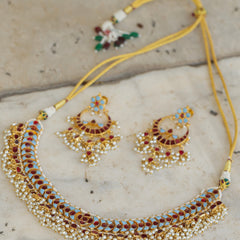 MDN334- Feroza and Red Colour Gold Plated Jadau Kundan Necklace Set