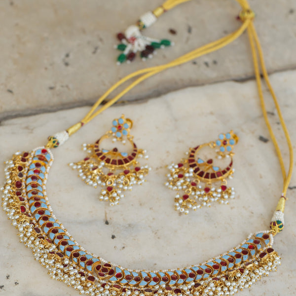 MDN334- Feroza and Red Colour Gold Plated Jadau Kundan Necklace Set