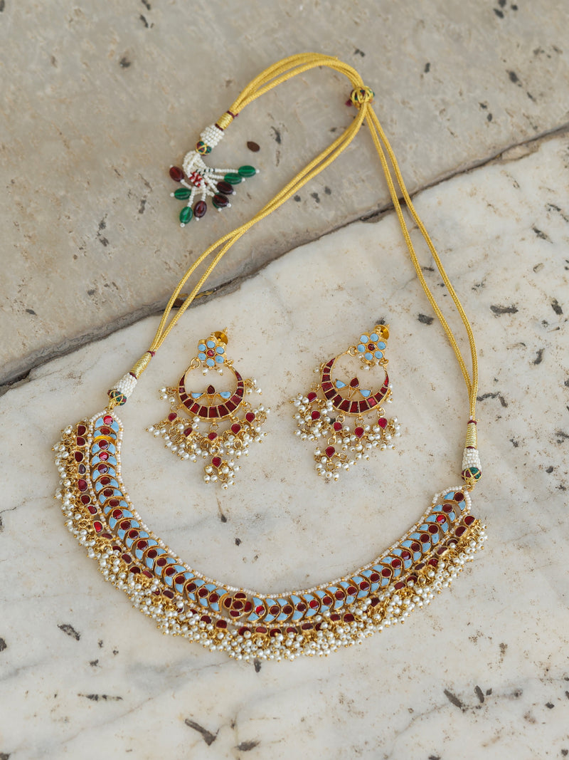 Feroza and Red Colour Gold Plated Jadau Kundan Necklace Set