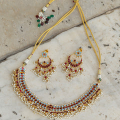 MDN334- Feroza and Red Colour Gold Plated Jadau Kundan Necklace Set