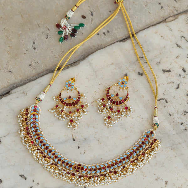 MDN334- Feroza and Red Colour Gold Plated Jadau Kundan Necklace Set