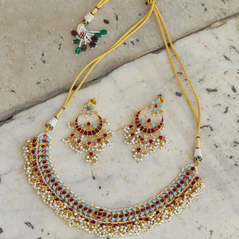 MDN334- Feroza and Red Colour Gold Plated Jadau Kundan Necklace Set