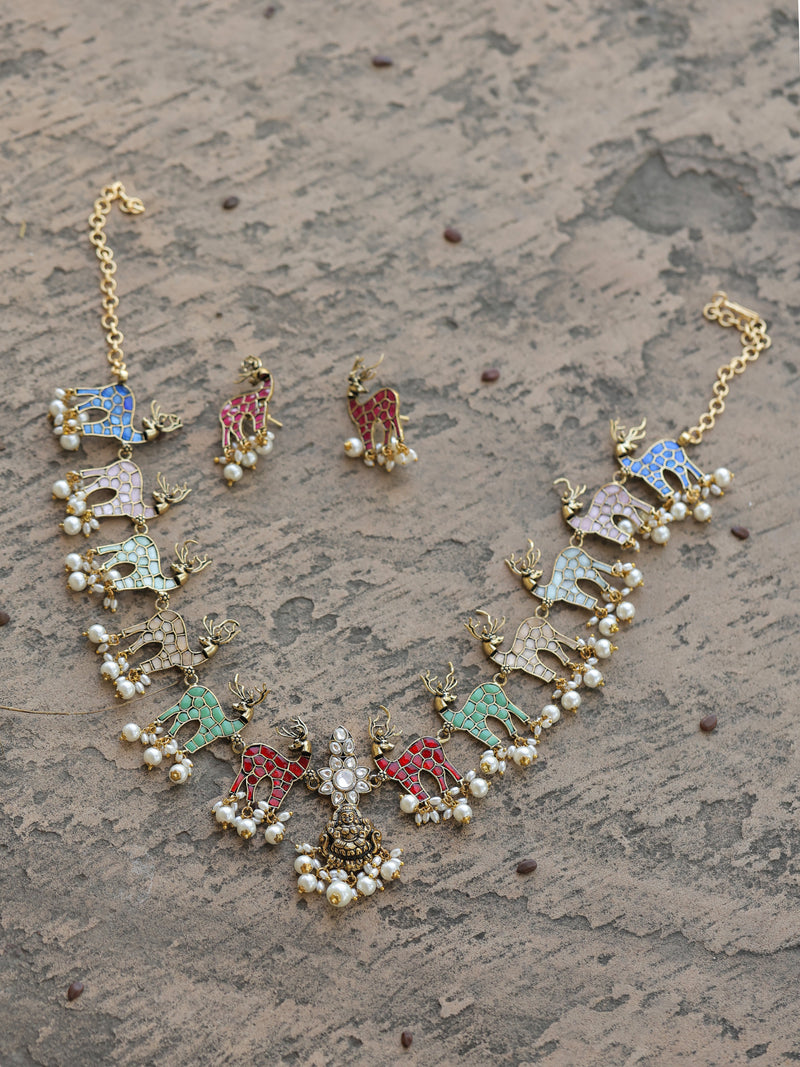 Multi Colour Gold Plated Jadau Kundan Temple Necklace Set