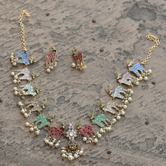 MDN258- Multi Colour Gold Plated Jadau Kundan Temple Necklace Set