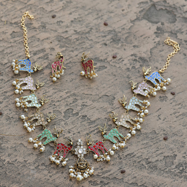 MDN258- Multi Colour Gold Plated Jadau Kundan Temple Necklace Set
