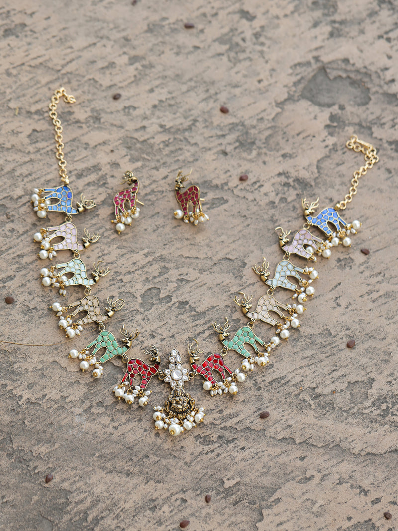 Multi Colour Gold Plated Jadau Kundan Temple Necklace Set