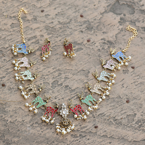 MDN258- Multi Colour Gold Plated Jadau Kundan Temple Necklace Set